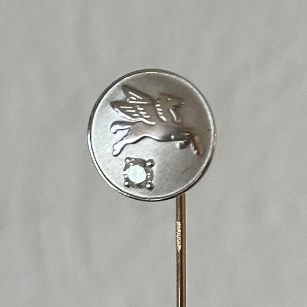 Vintage Mobil Pegasus 10k White Gold Tie Stick Pin 2.5" Service Award Stone